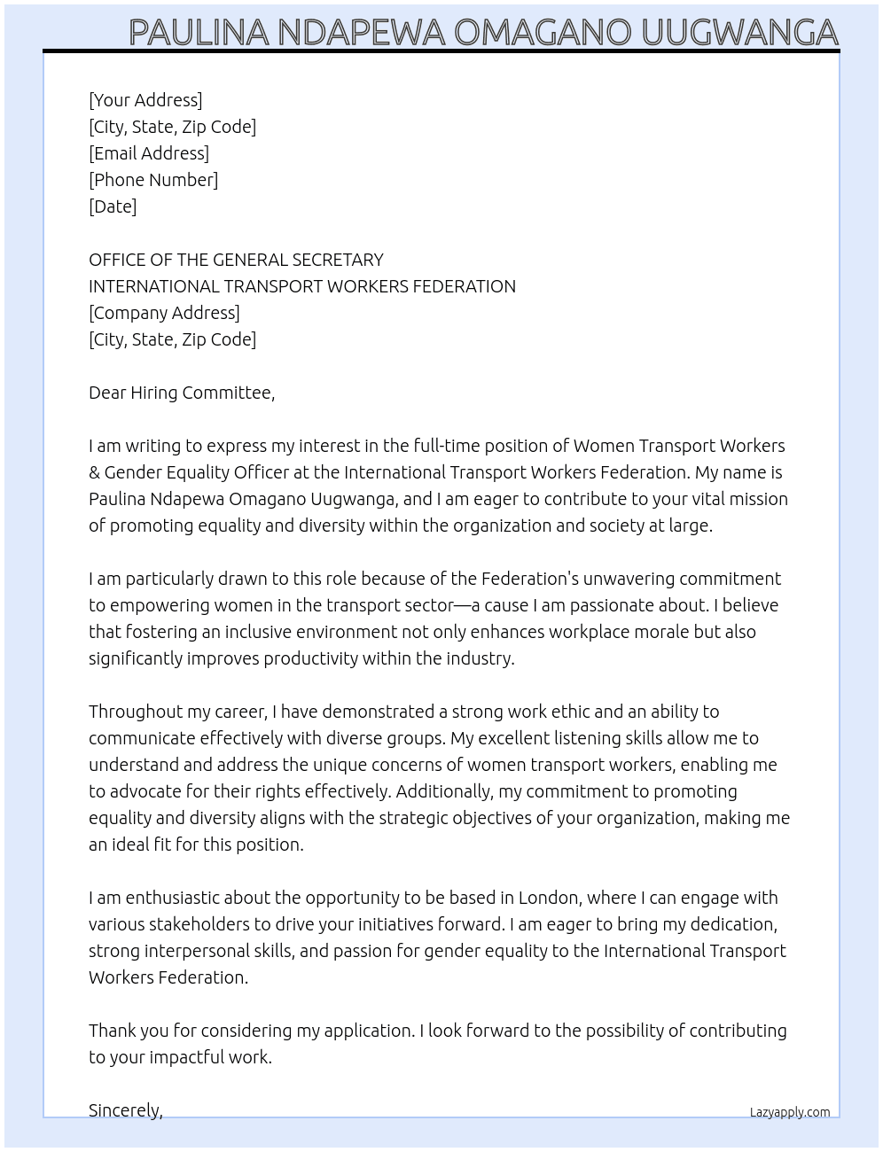 Women Transport Workers & Gender Equality Officer At INTERNATIONAL TRANSPORT WORKERS FEDERATION Cover Letter