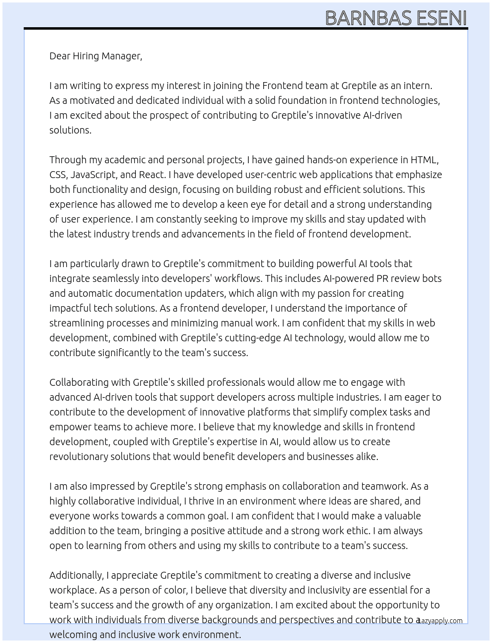 Frontend Developer  At greptile Cover Letter
