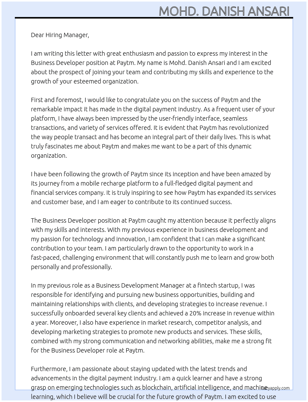 Business developer  At Paytm Cover Letter