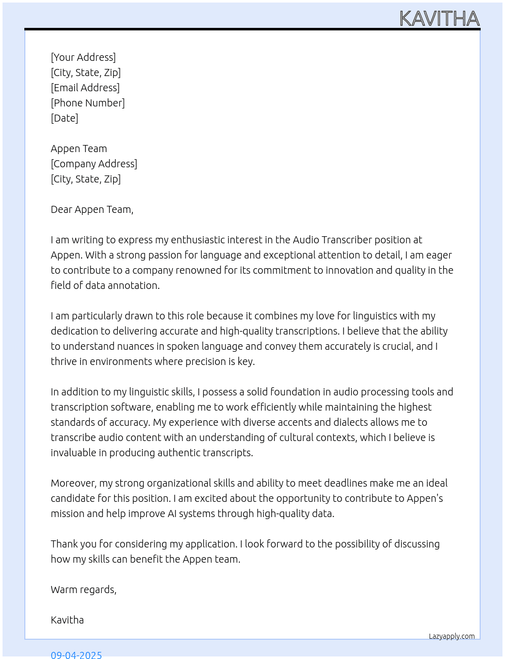 Cover letter for audio transcriber - LazyApply