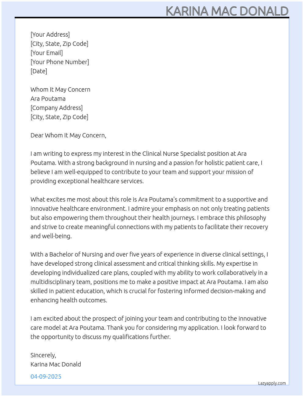 Cover letter for clinical nurse specialist - LazyApply