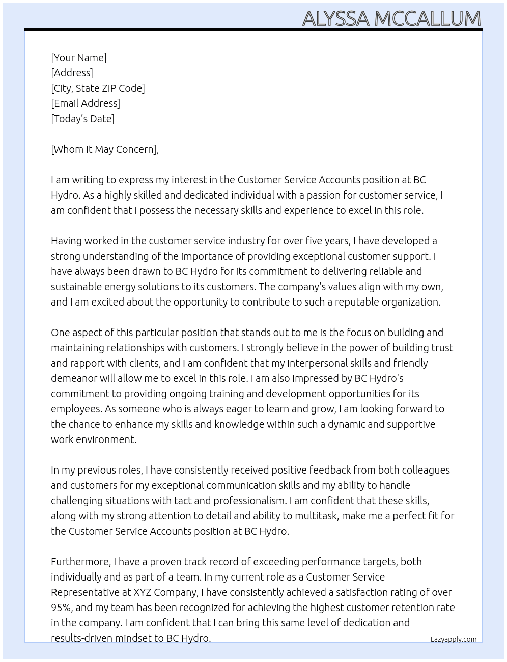 Customer Service Accounts At BC Hydro Cover Letter