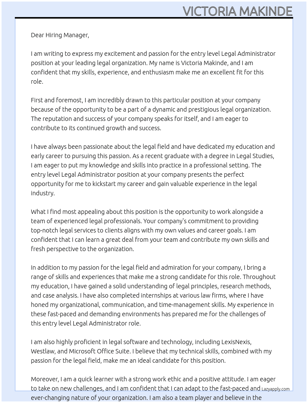 entry level Legal Administrator At leading legal organisation Cover Letter