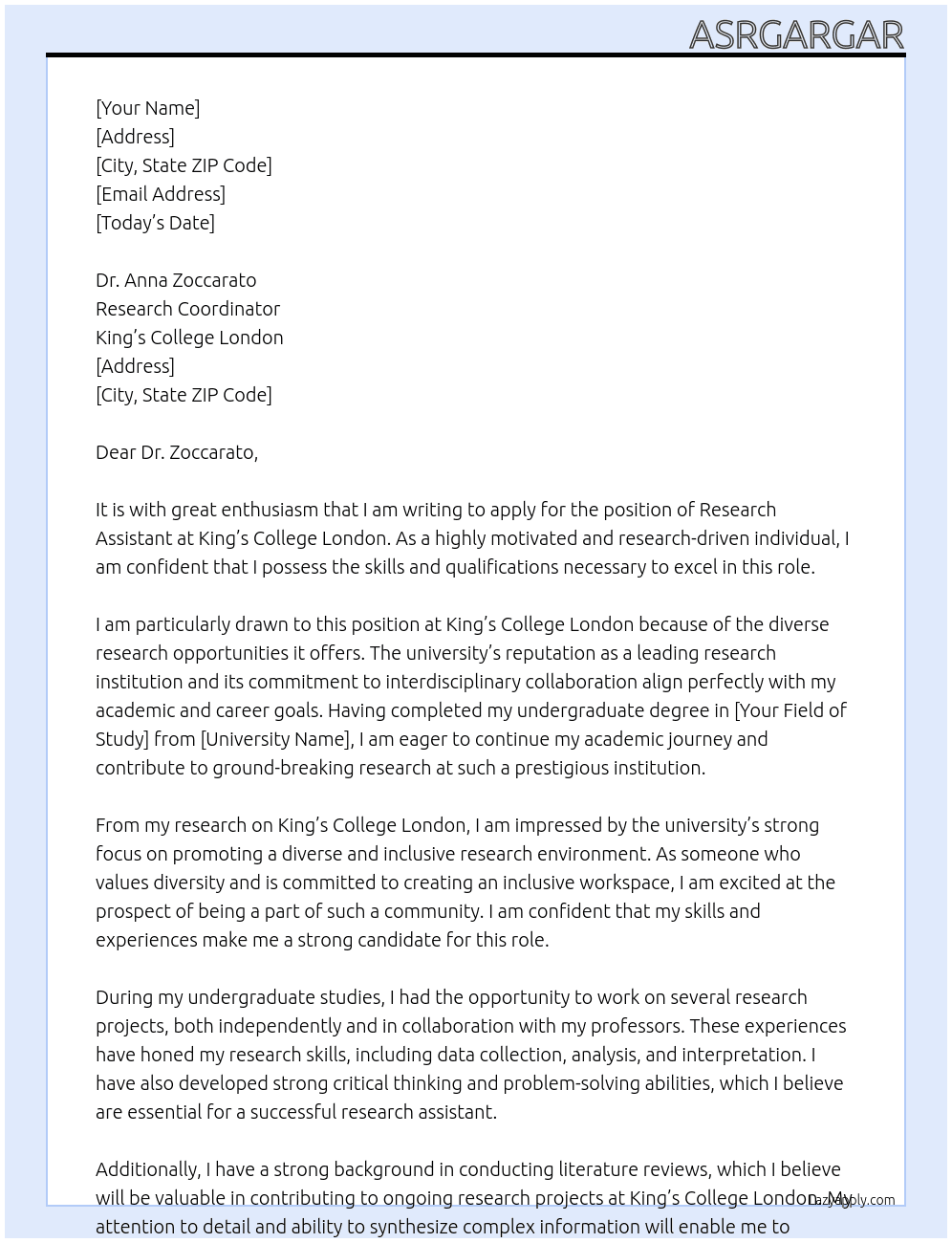 research assistnat  At kings college london Cover Letter