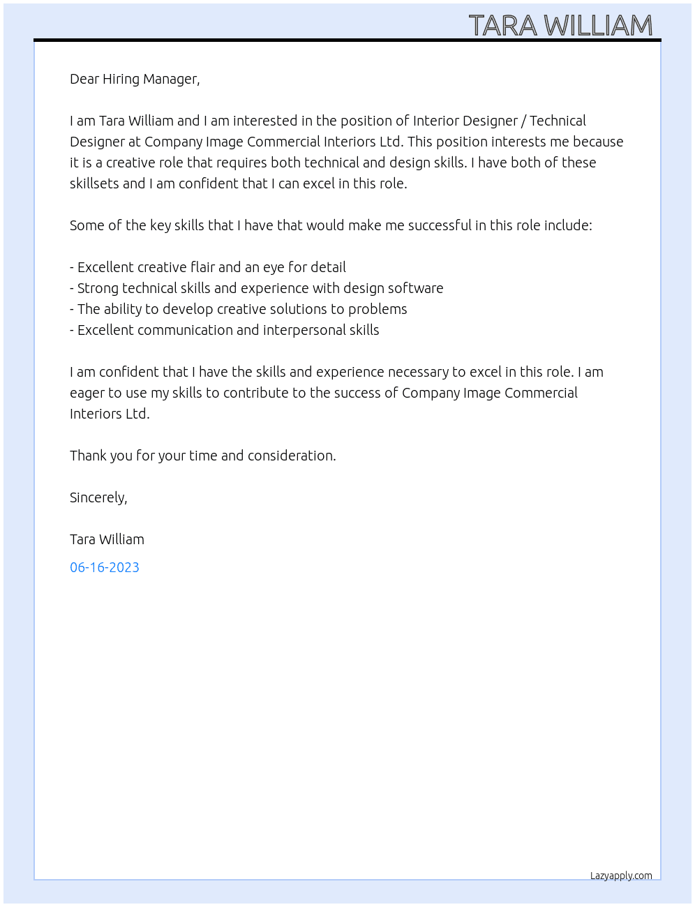 1  TW Full-Time ∙ Job Interior Designer / Technical Designer At Company Image Commercial Interiors Ltd Cover Letter