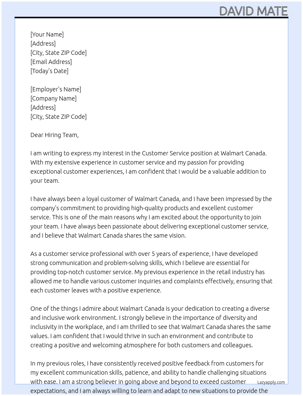 Customer Serivce At Walmart Canada Cover Letter