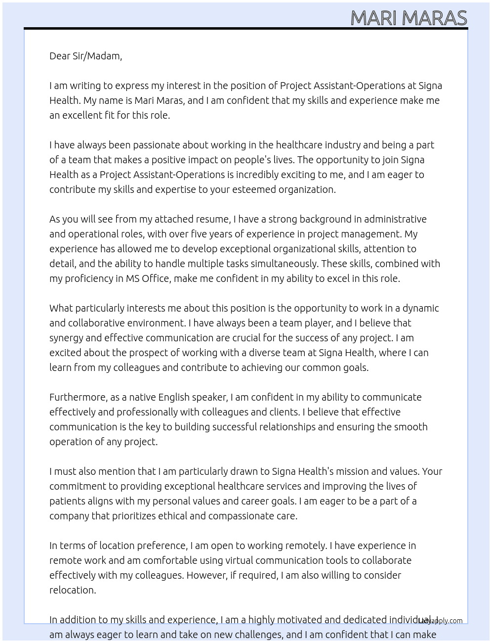 Project Assistant-Operations  At Signa Health Cover Letter
