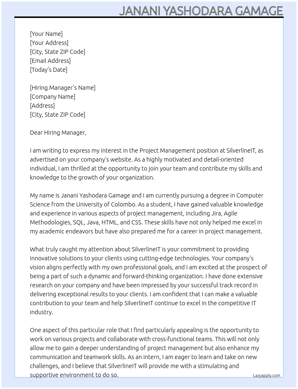 Project Management At SilverlineIT Cover Letter