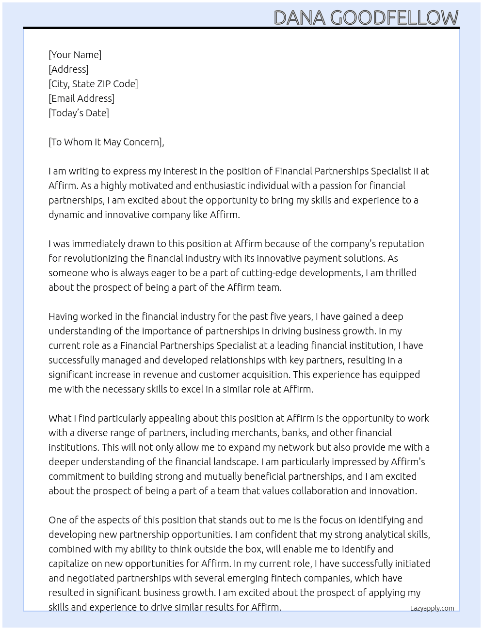 Financial Partnerships Specialist II At Affirm Cover Letter