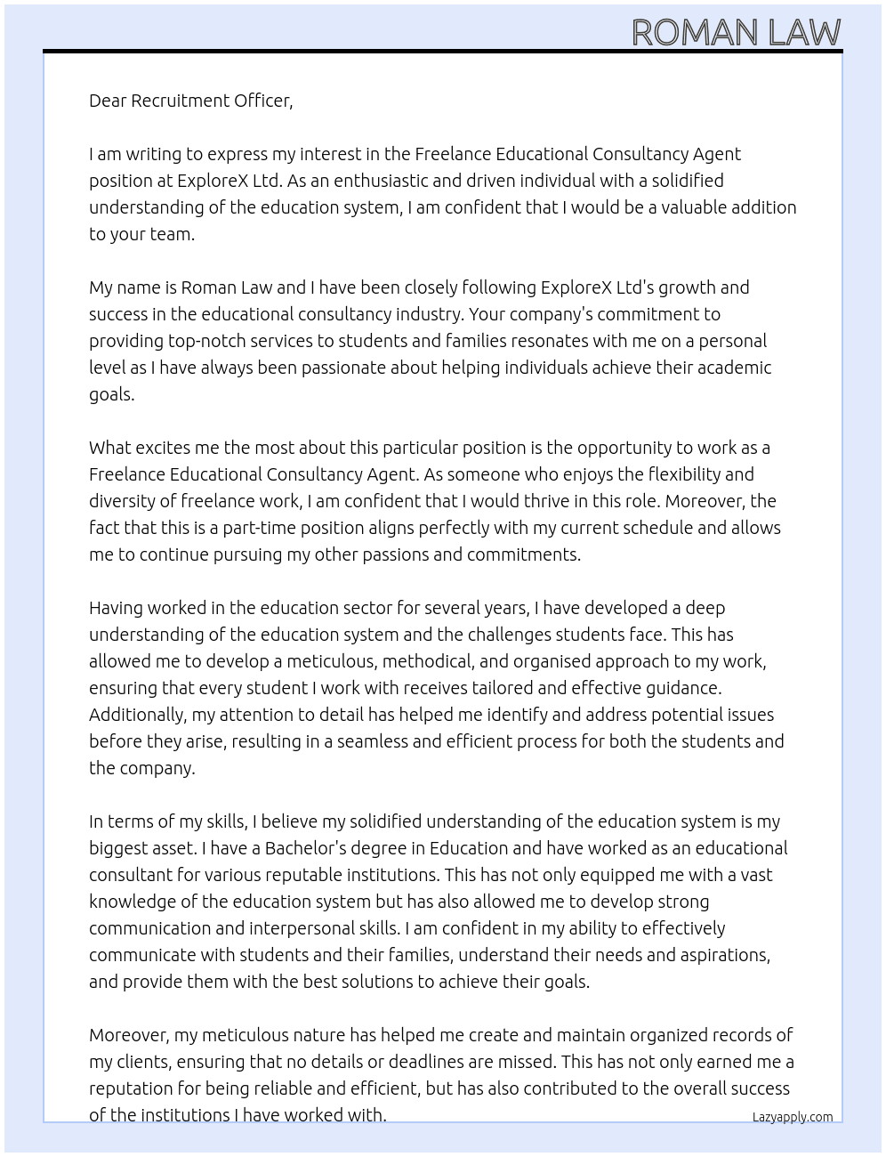 Freelance Educational Consultancy Agent At ExploreX Ltd Cover Letter