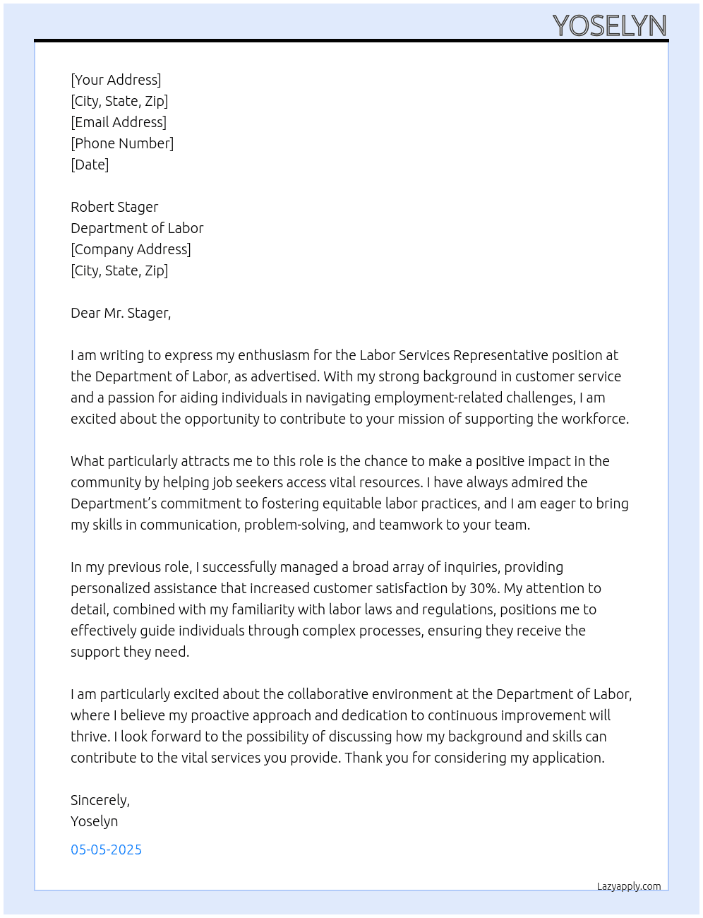 Labor Services Representative At Department of Labor Cover Letter