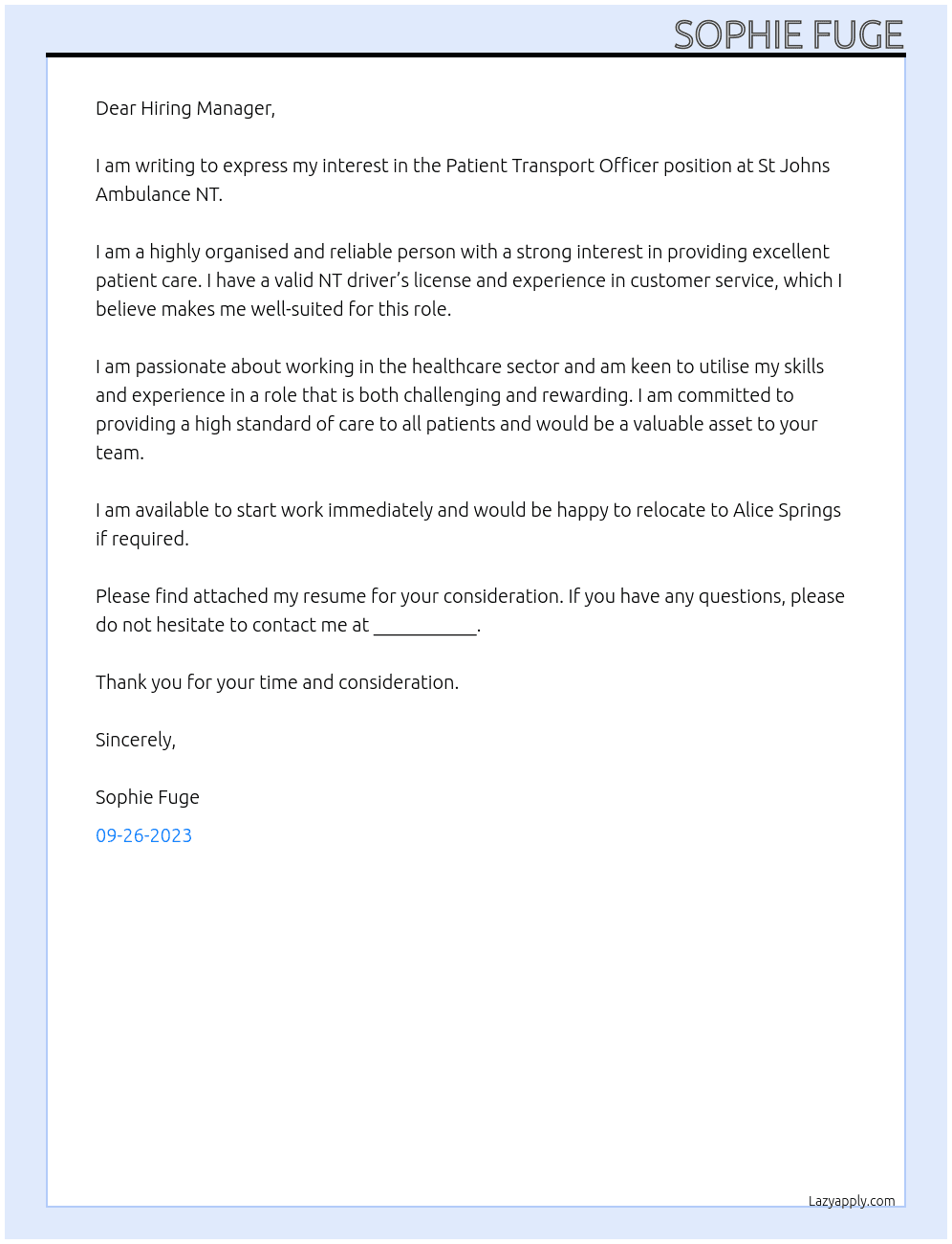 Patient Transport Officer At St Johns Ambulance NT Cover Letter