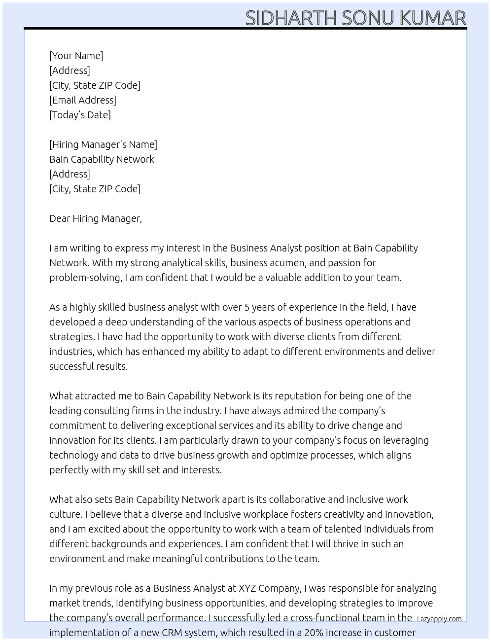 Business Analyst At Bain Capability Network Cover Letter
