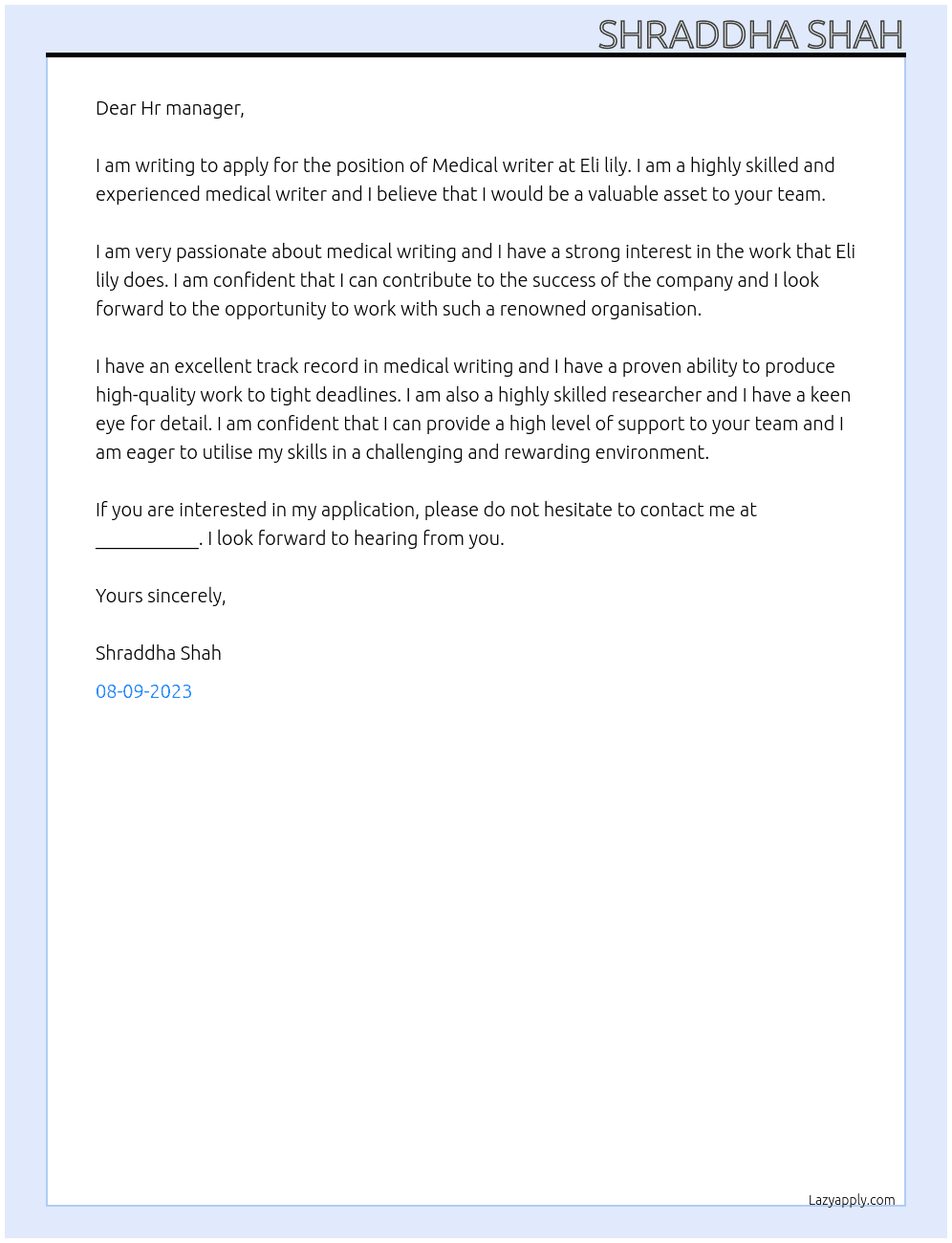 Medical writer  At Eli lily  Cover Letter