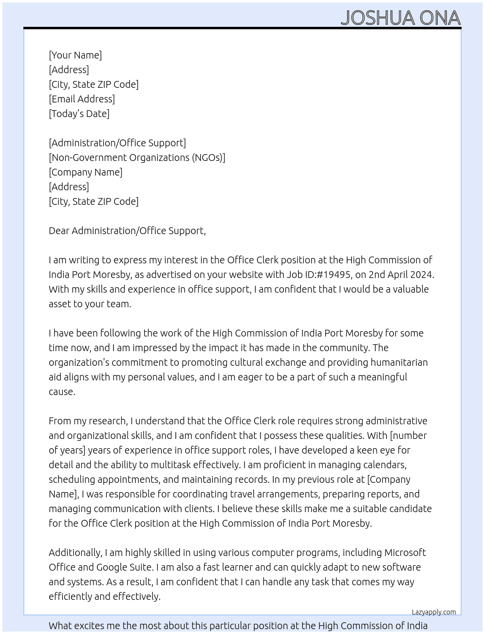 Office Clerk At High Commission of India Port Moresby Cover Letter