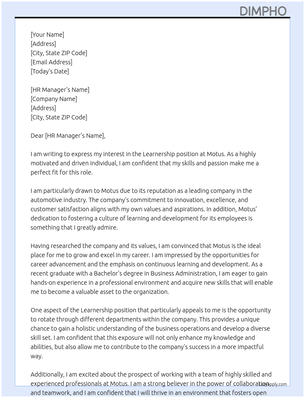 Learnership  At Motus Cover Letter