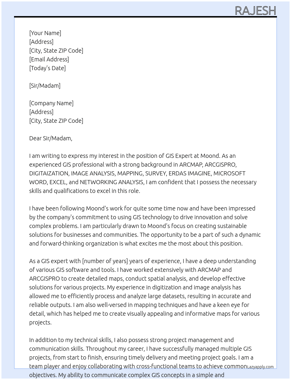 GIS expert At Moond Cover Letter
