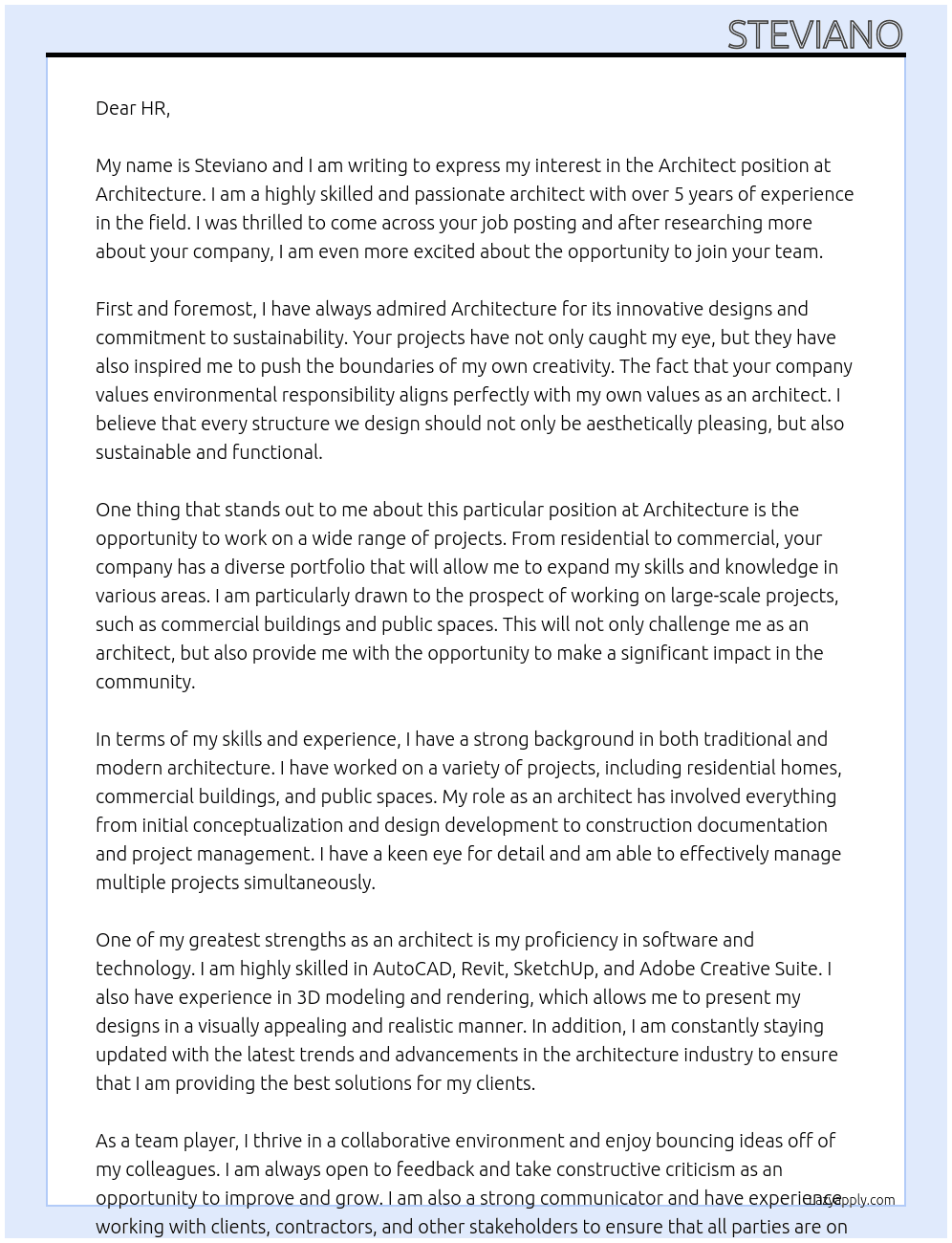 architect At architecture  Cover Letter