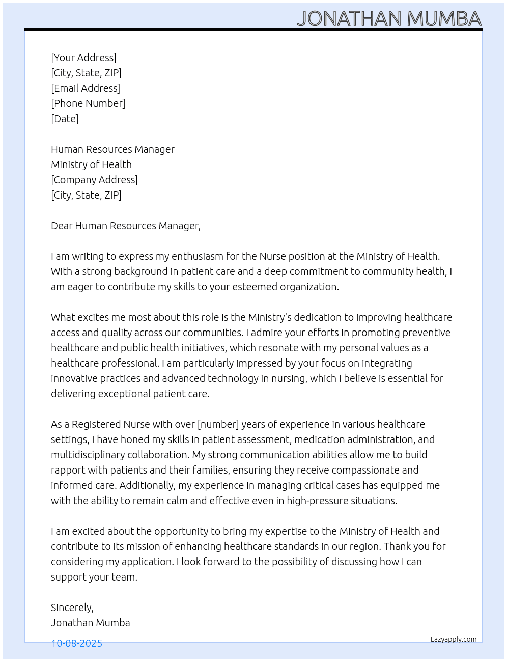 Nurse At Ministry of Health  Cover Letter