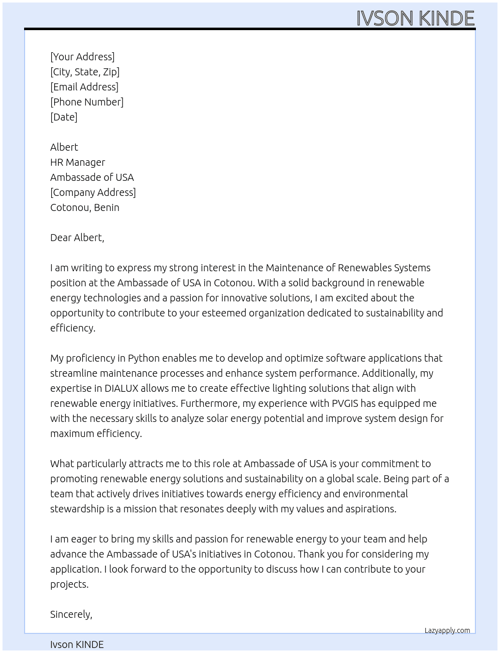 Maintenance of renewables systems At Ambassade of USA  Cover Letter