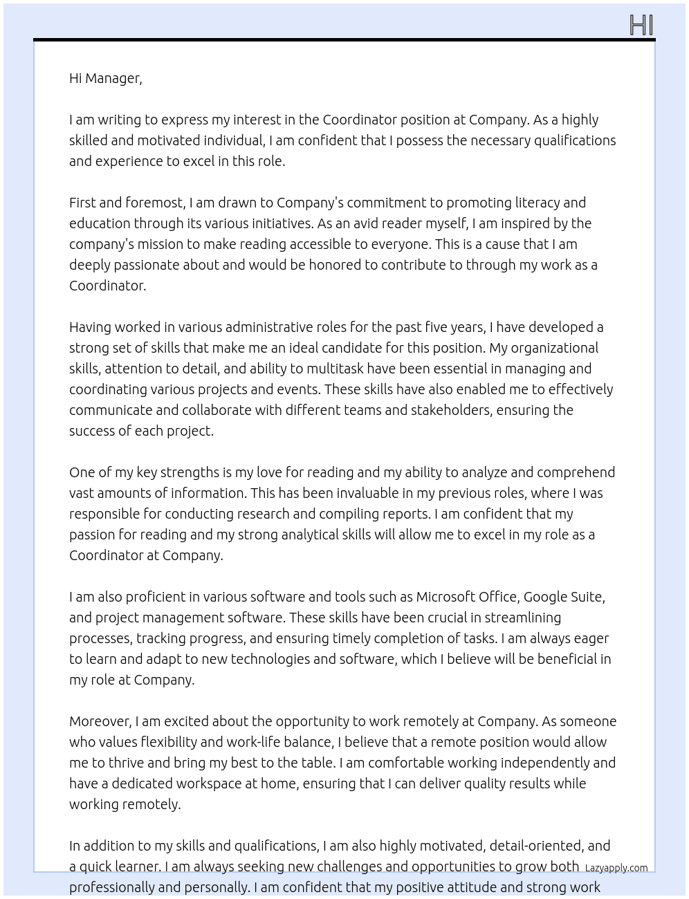 Coordinator  At Company Cover Letter