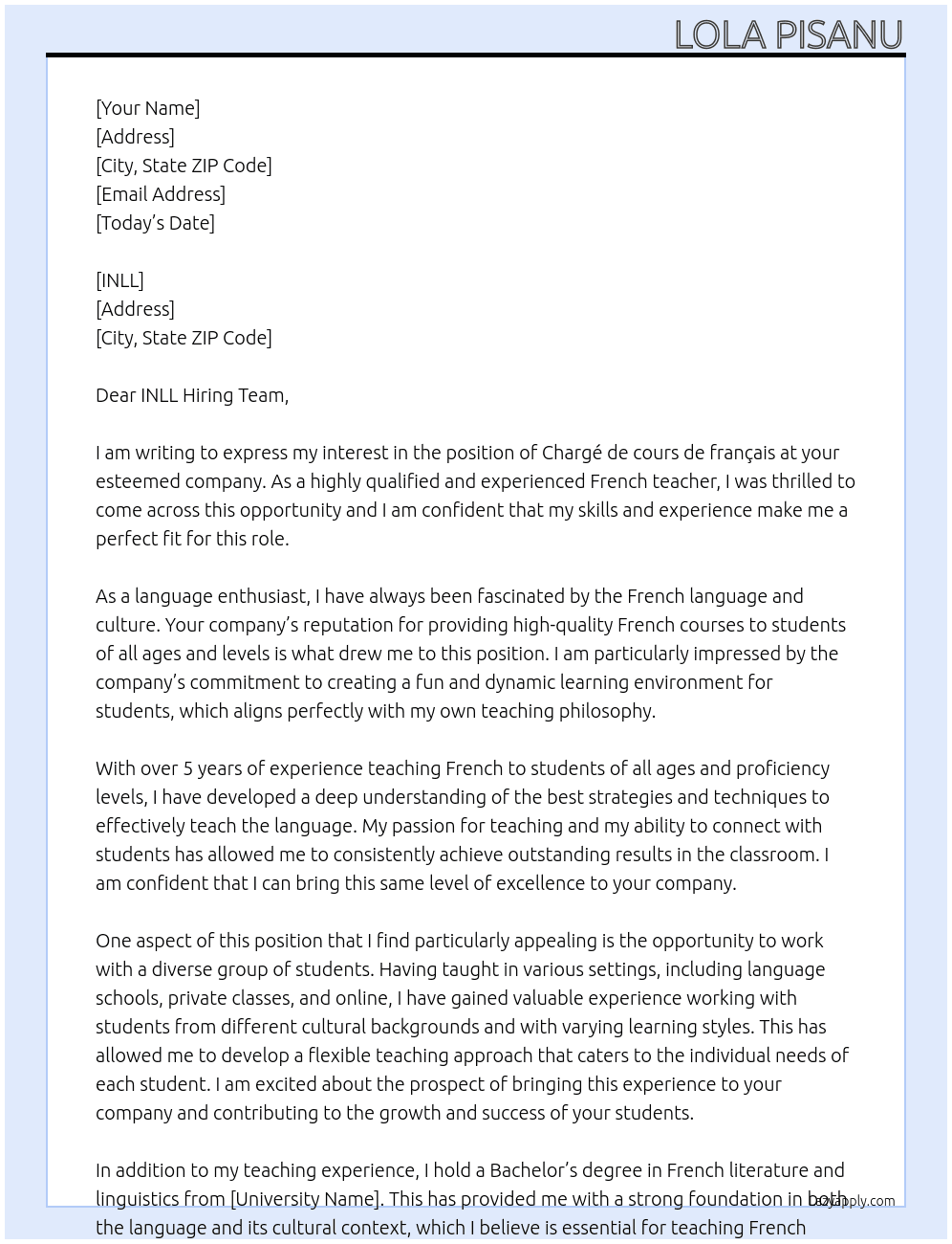 Chargé de cours de français At INLL Cover Letter