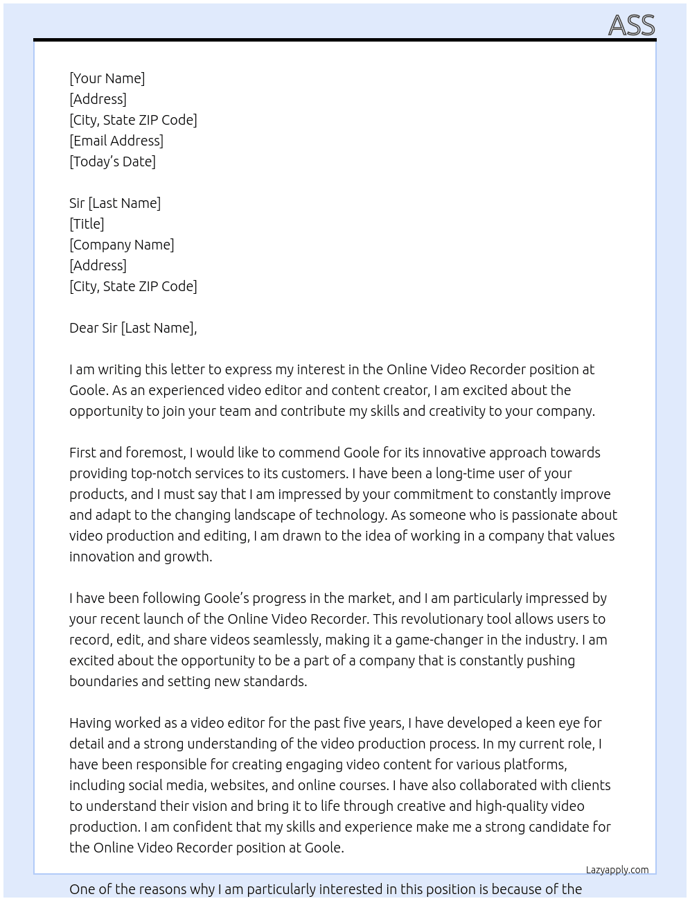 Online Video Recorder At goole Cover Letter