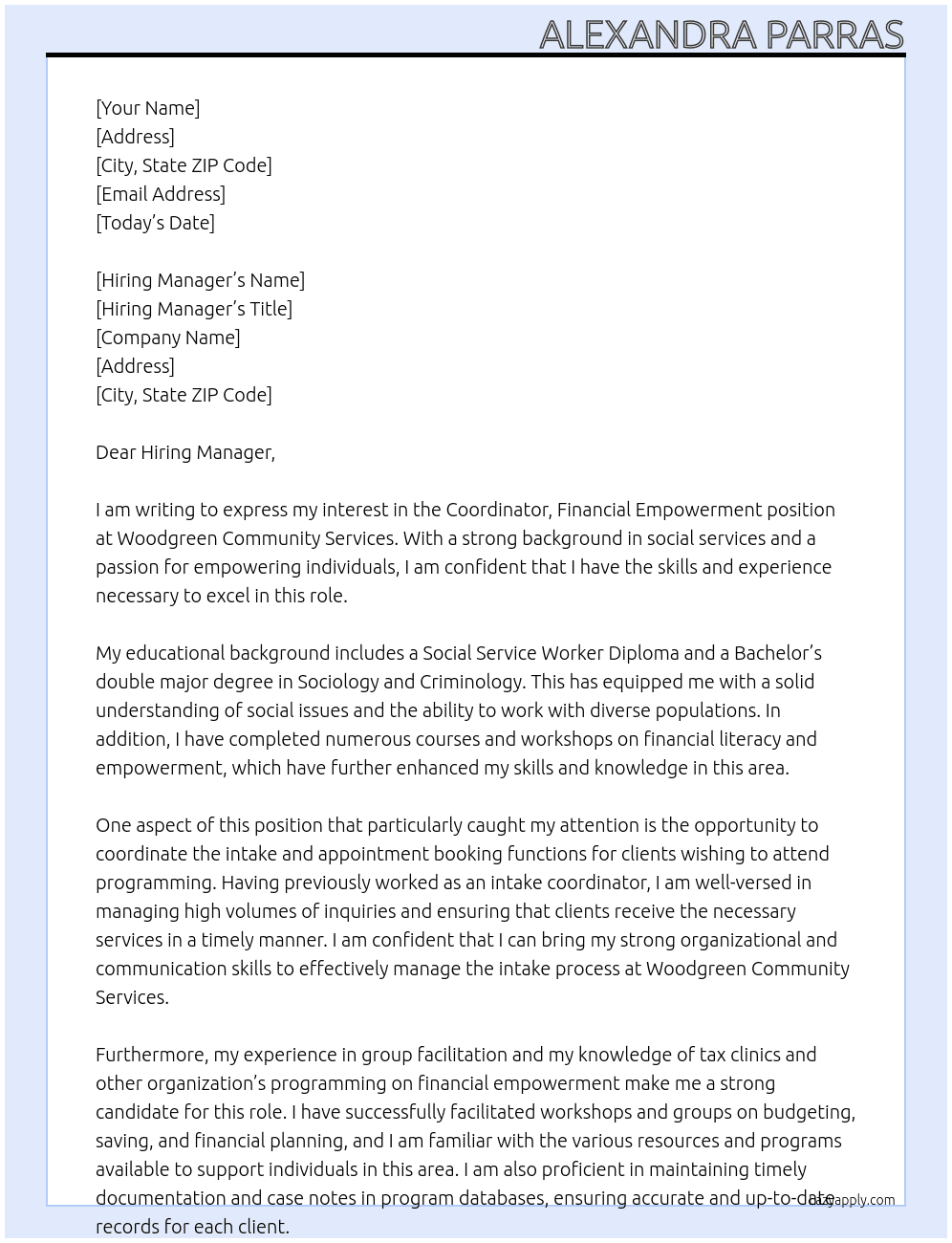 Coordinator, Financial Empowerment (2024-278-CP) At Woodgreen Community Services Cover Letter