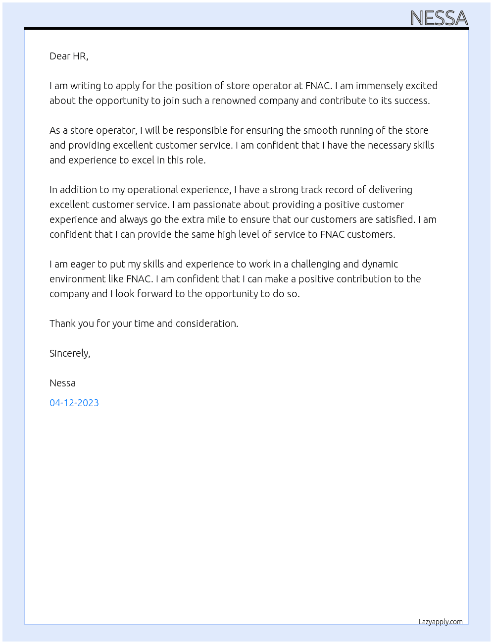 store operator At FNAC Cover Letter