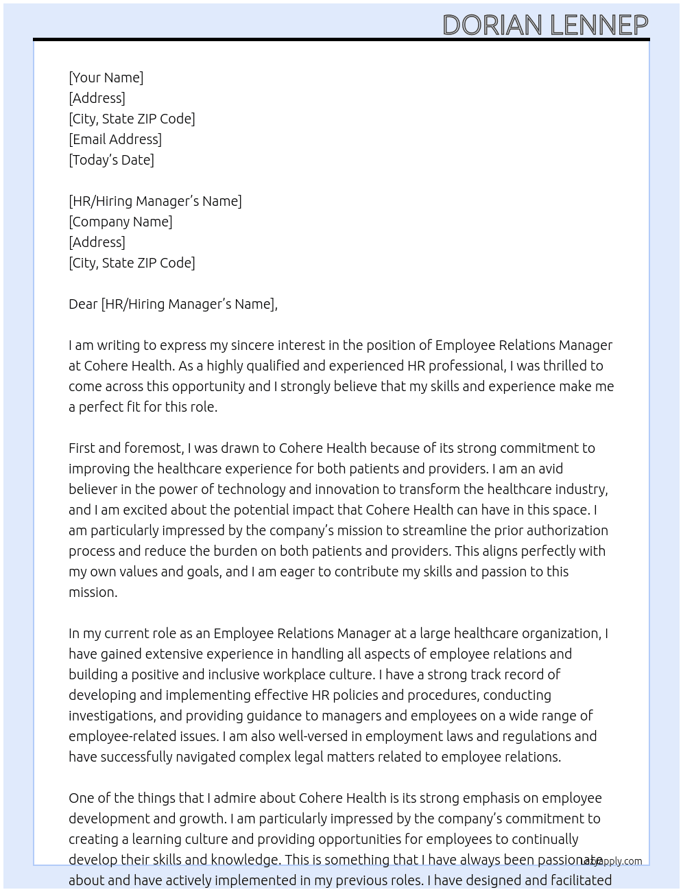 Employee Relations Manager At Cohere Health Cover Letter