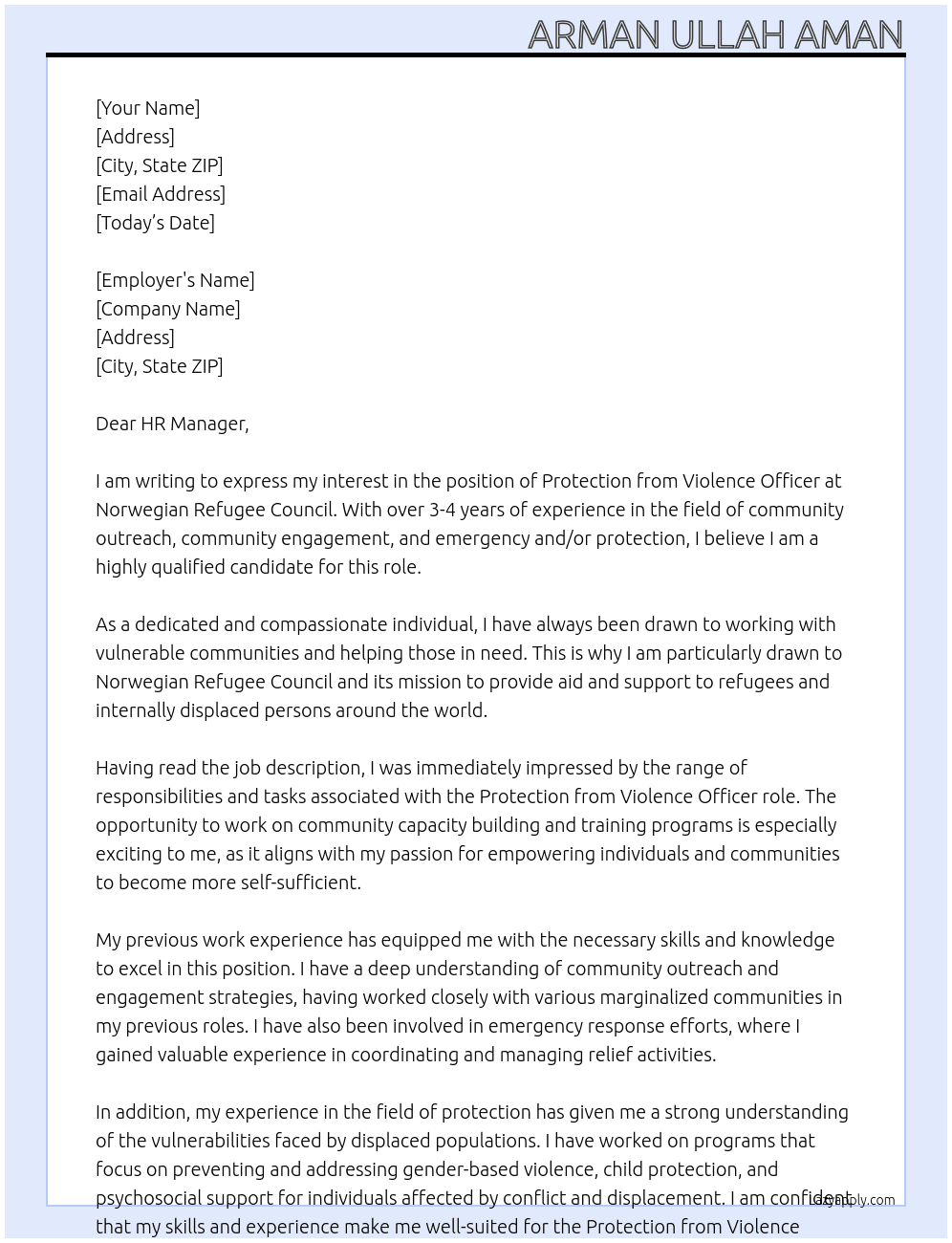 Protection from Violence Officer At Norwegian Refugee Council Cover Letter