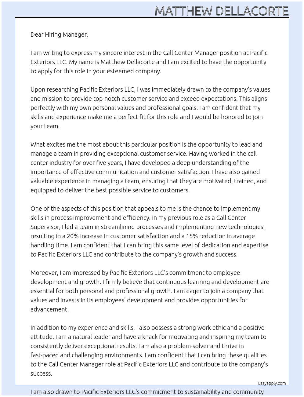 Cover letter for call center manager - LazyApply