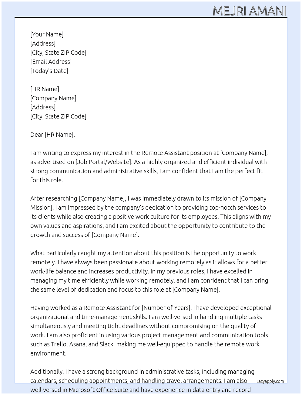 Cover letter for remote assistant - LazyApply
