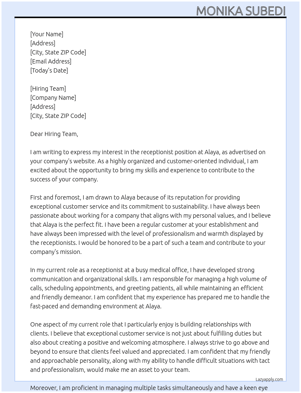 receptionist At alaya Cover Letter