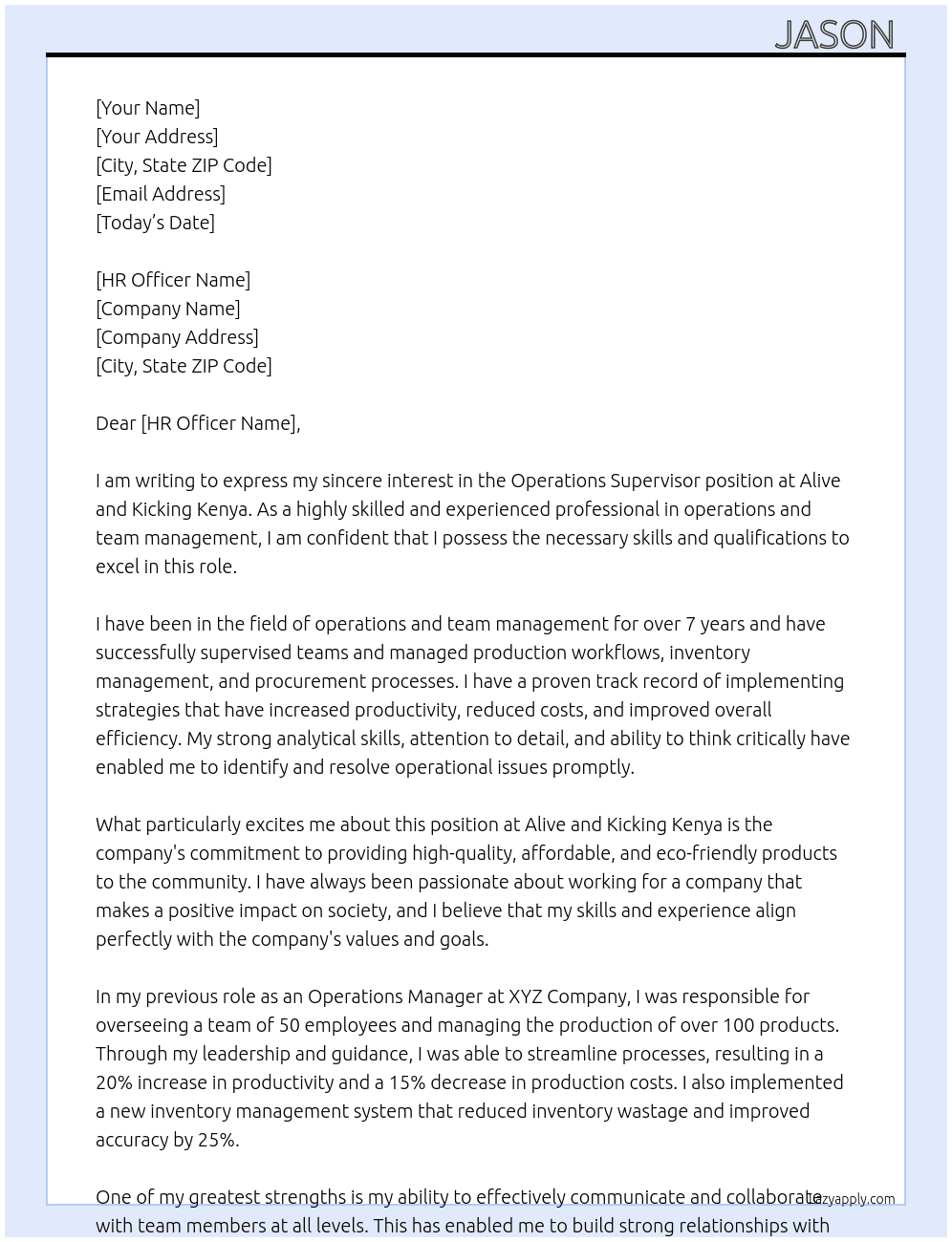 Operations Supervisor At Alive and Kicking Kenya  Cover Letter