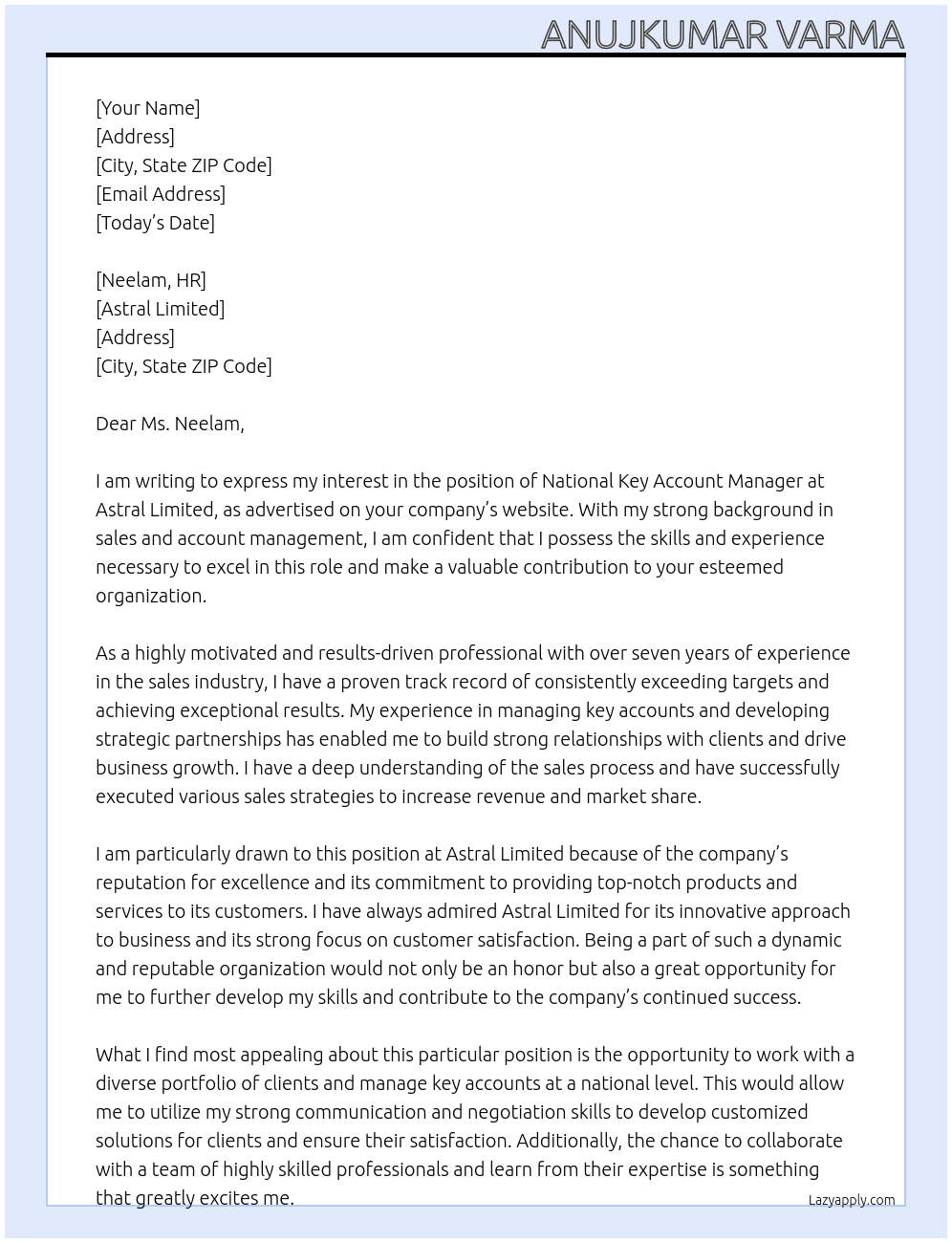 National Key Account Manager At Astral limited Cover Letter