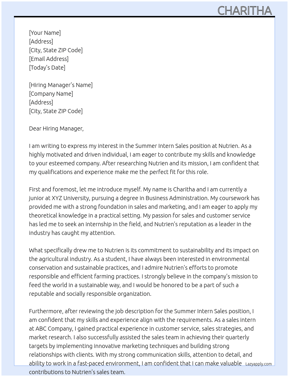 summer intern sales At Nutrien Cover Letter