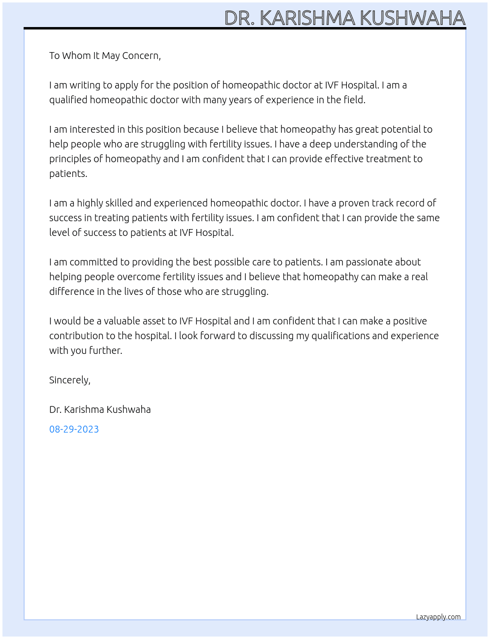 homeopathic doctor At IVF Hospital Cover Letter