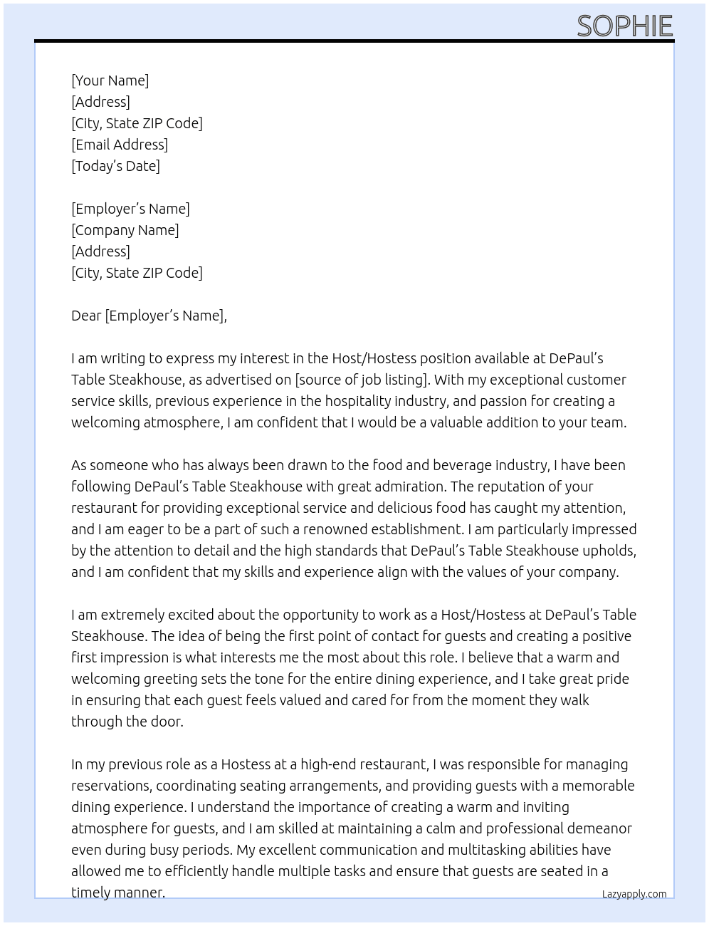 Host/Hostess At DePaul's Table Steakhouse Cover Letter
