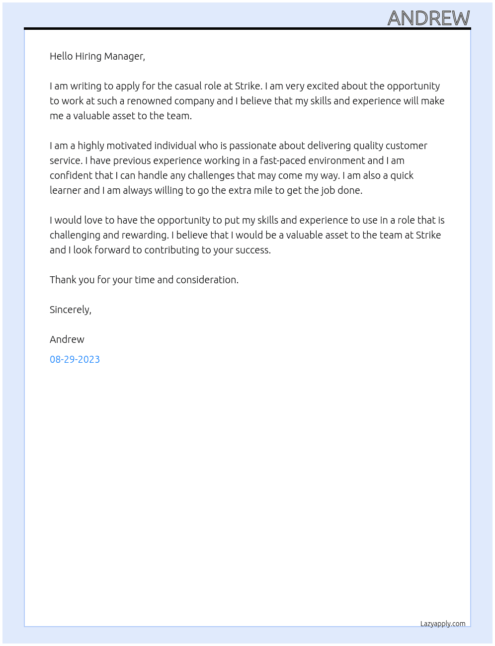 Casual At Strike Cover Letter