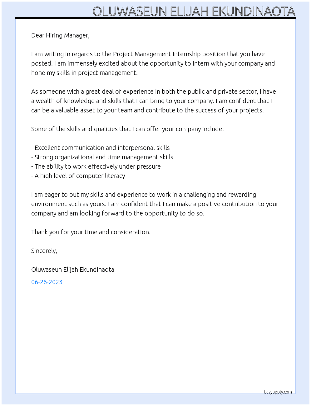 project management internship At project management internshil Cover Letter