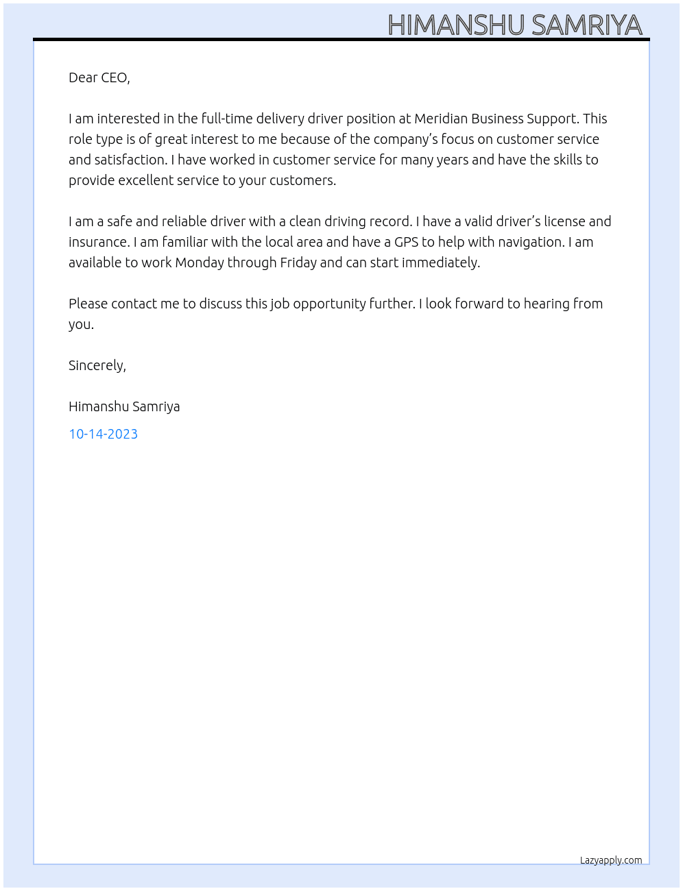 Delivery Driver  At Meridian Business Support Cover Letter