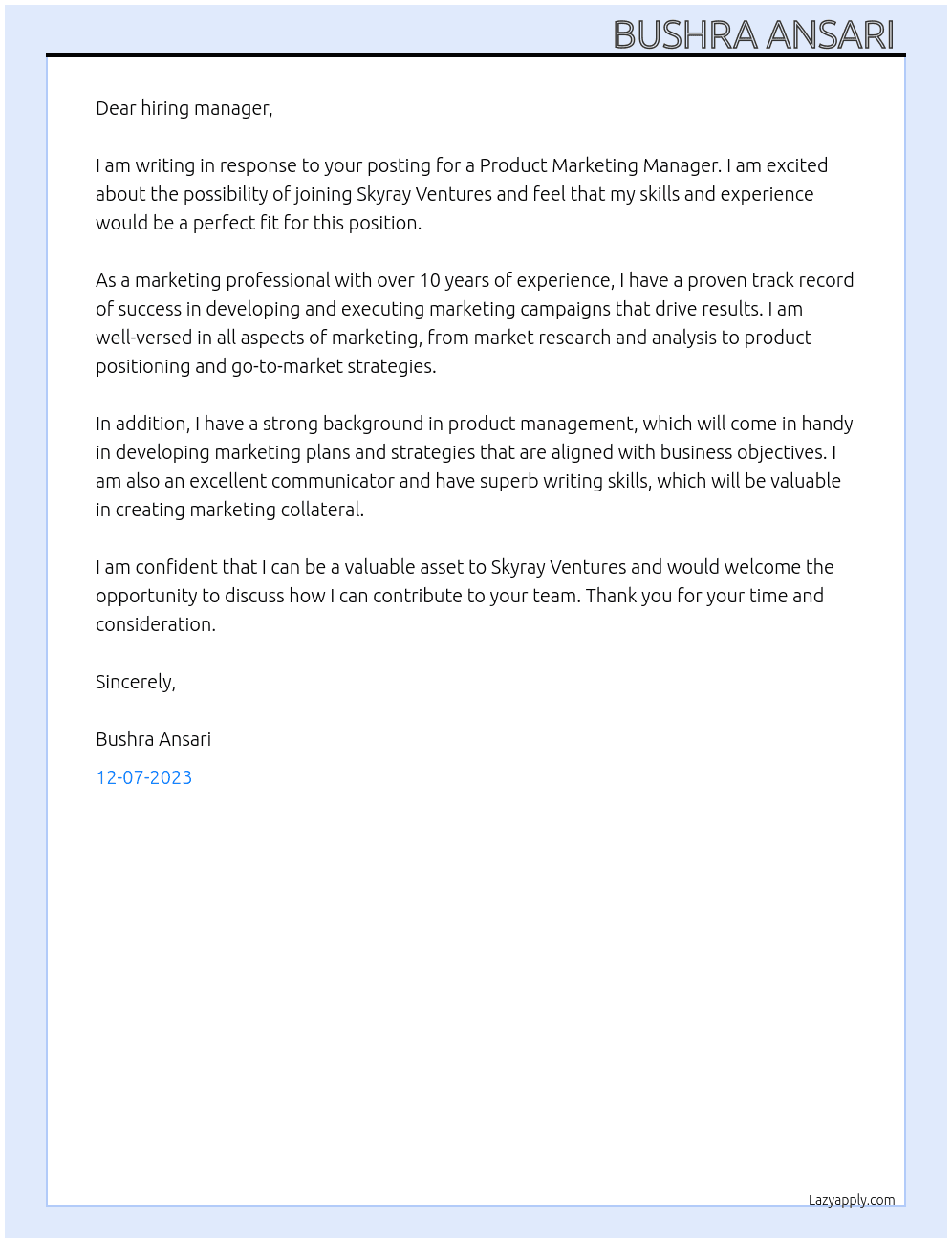 Product marketing manager  At Skyray venture  Cover Letter