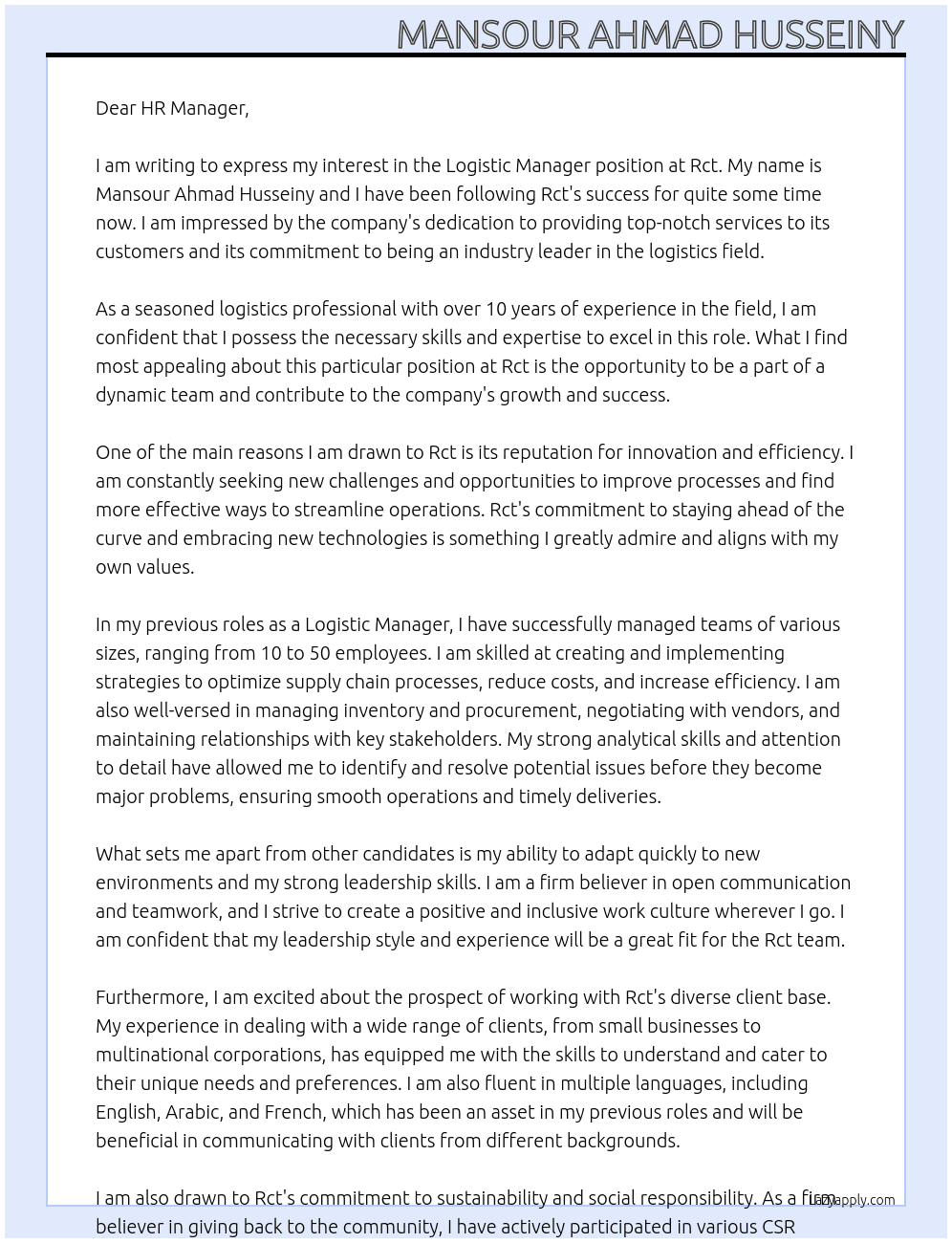 Logistic Manager At Rct Cover Letter