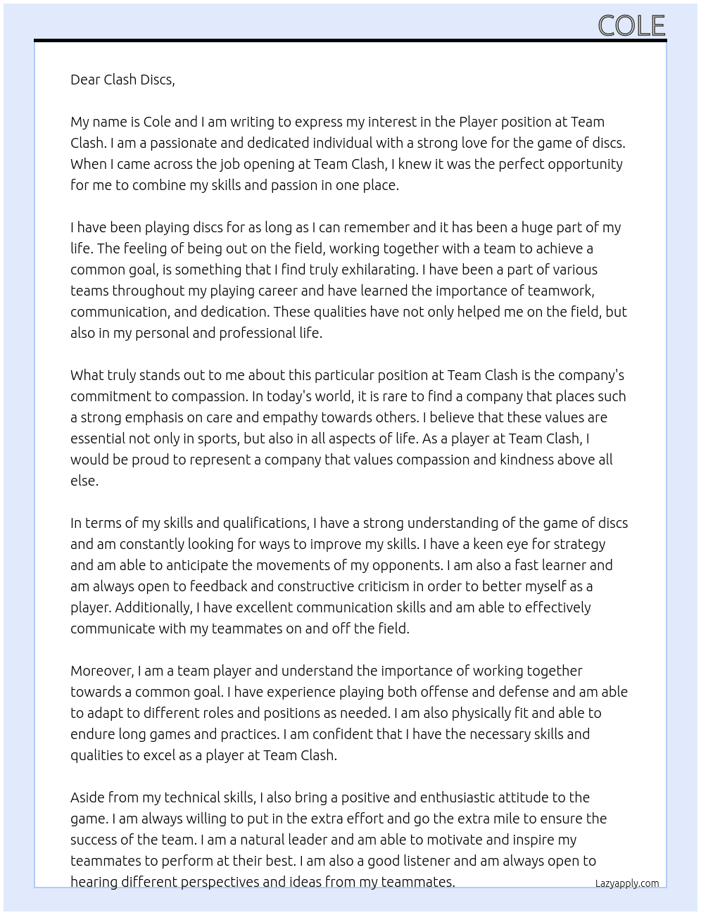 Player At Team Clash Cover Letter