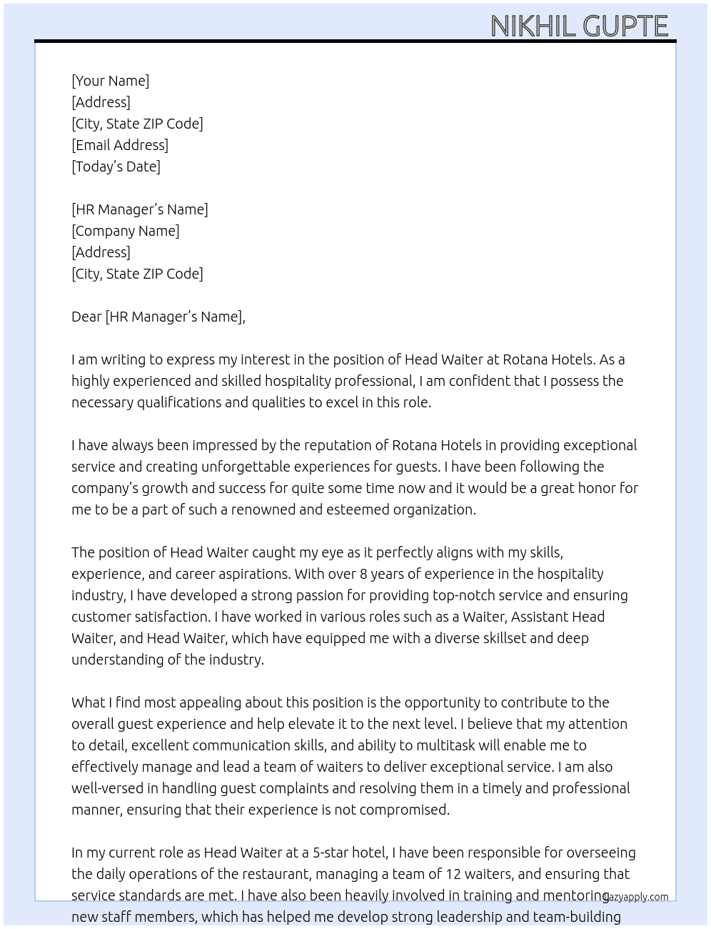 HEAD WAITER At Rotana Hotels Cover Letter