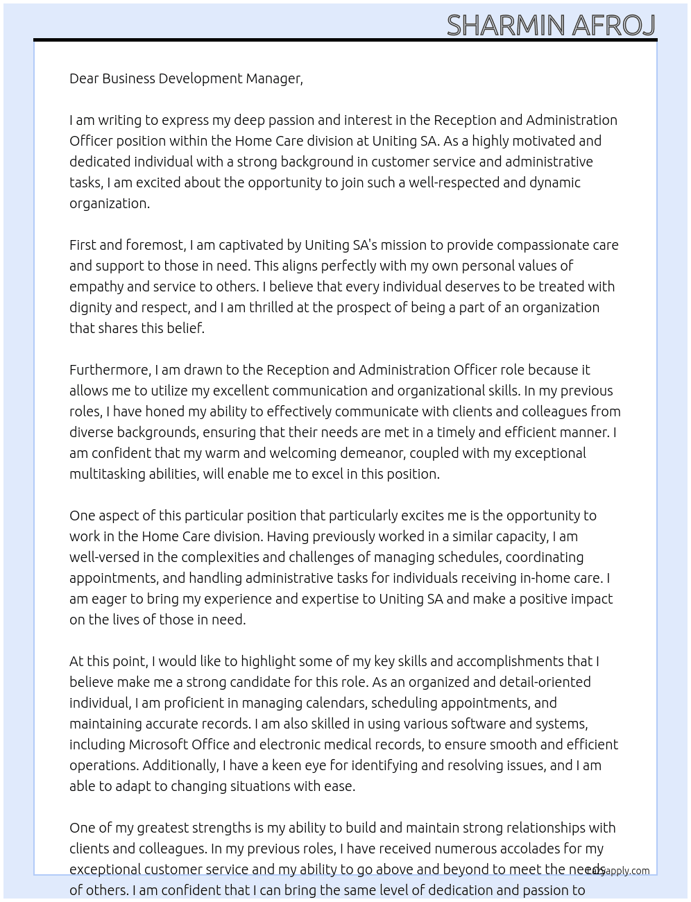 Reception and Administration Officer - Home Care At Uniting SA Cover Letter