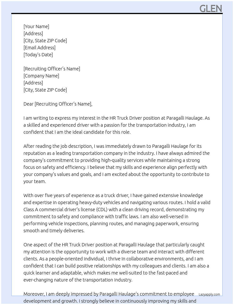 HR Truck Driver At Paragalli Haulage  Cover Letter