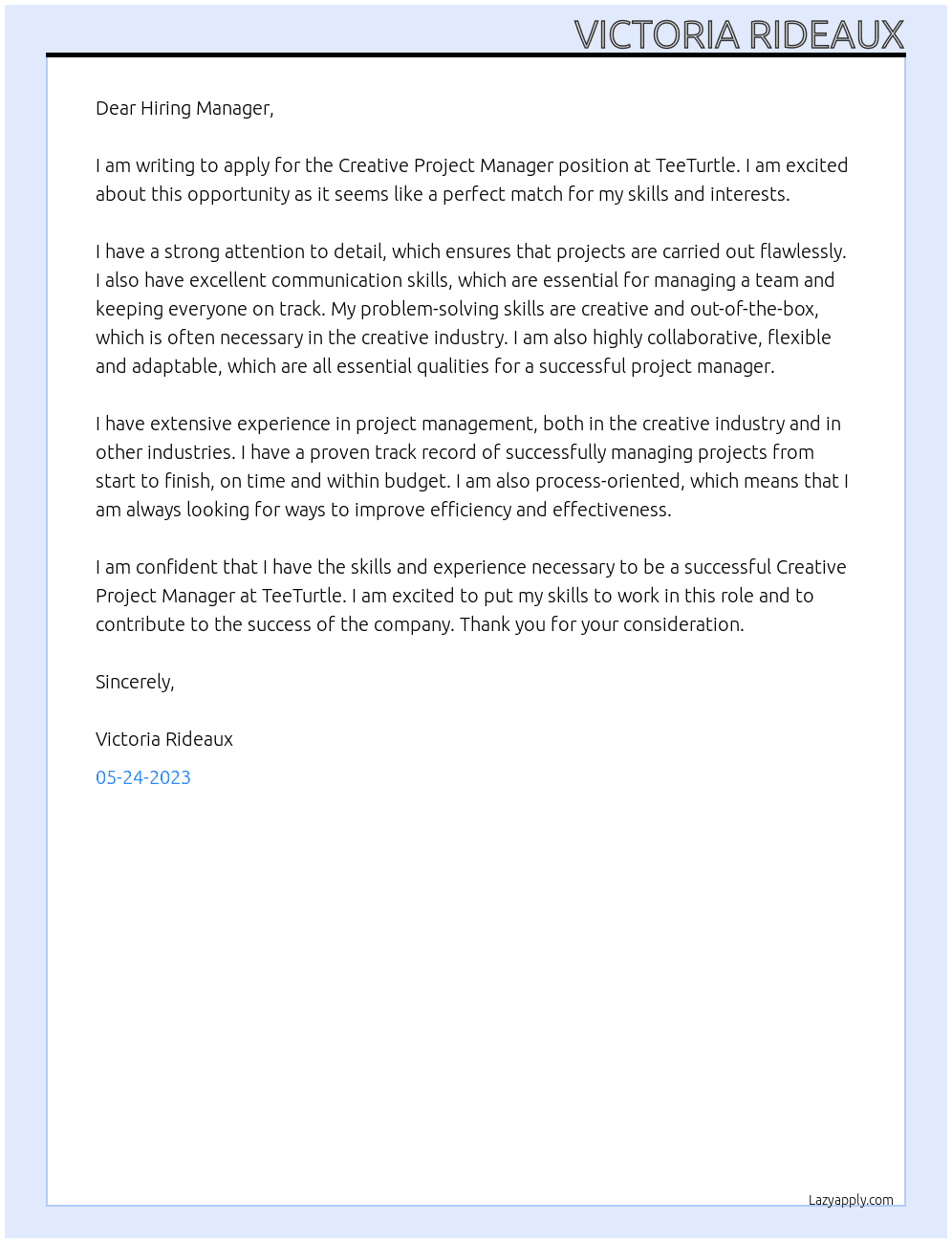 Creative Project Manager At TeeTurtle Cover Letter