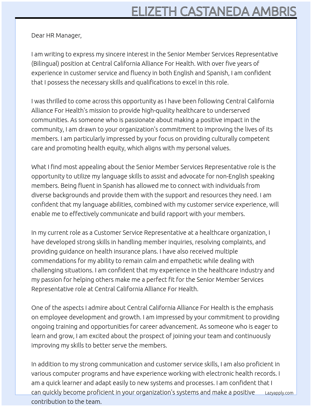 Senior Member Services Representative (Bilingual) At Central California Alliance For Health Cover Letter